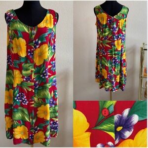 Vintage Hawaiian Floral Dress, A-Line button front summer dress. Size small. Red